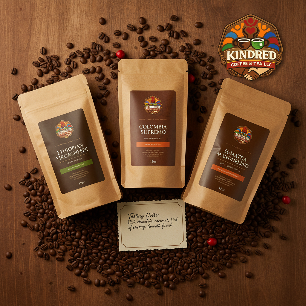 Kindred Quarterly Coffee & Tea Discovery Box flat lay with coffee bags and tea